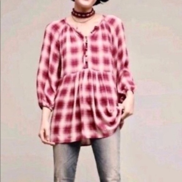 Anthropologie Tops - Anthropologie Maeve Calavan Plaid Peasant Blouse Pink Rayon Petite Medium